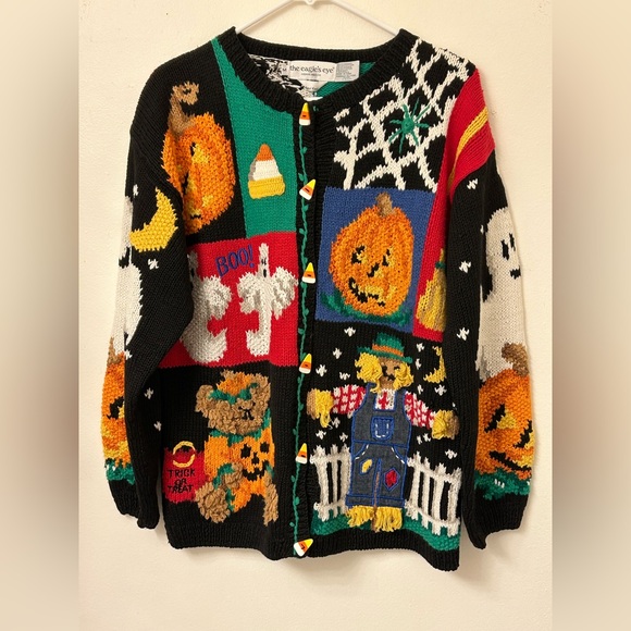 VTG Heirloom Patchwork Halloween Eagles Eye Sweater Cardigan Women Sz M Pumpkin. - Picture 1 of 12